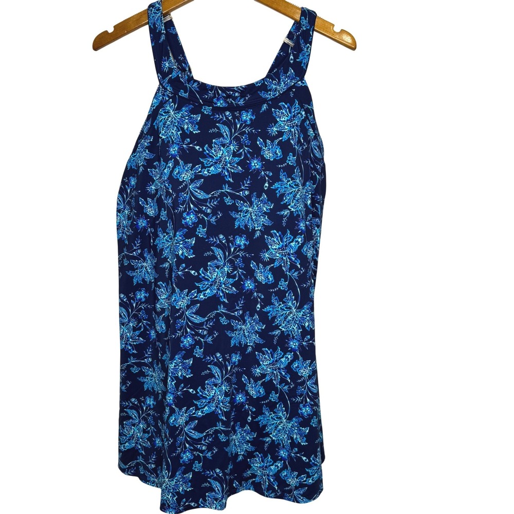 Lands' End High Neck Swim Dress Blue Floral‎ 18W